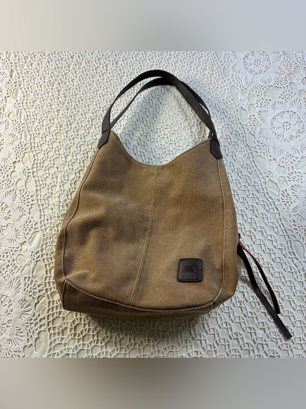 K2 Canvas Hobo Shoulder Bag in Brown with Dark Brown Accents